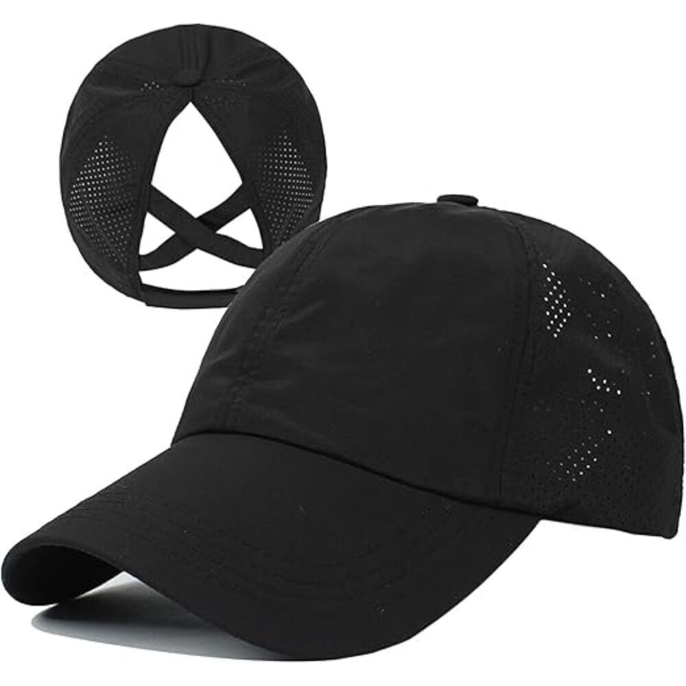 Womens Black Criss Cross Ponytail Adjustable High Messy Bun Classic Baseball Cap